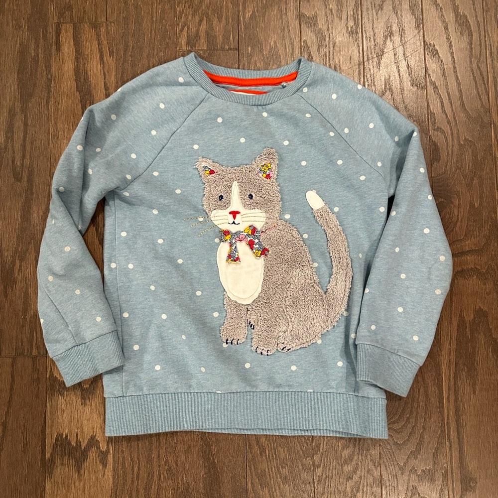 Mini Boden Blue Cat Sweatshirt with Polka Dots